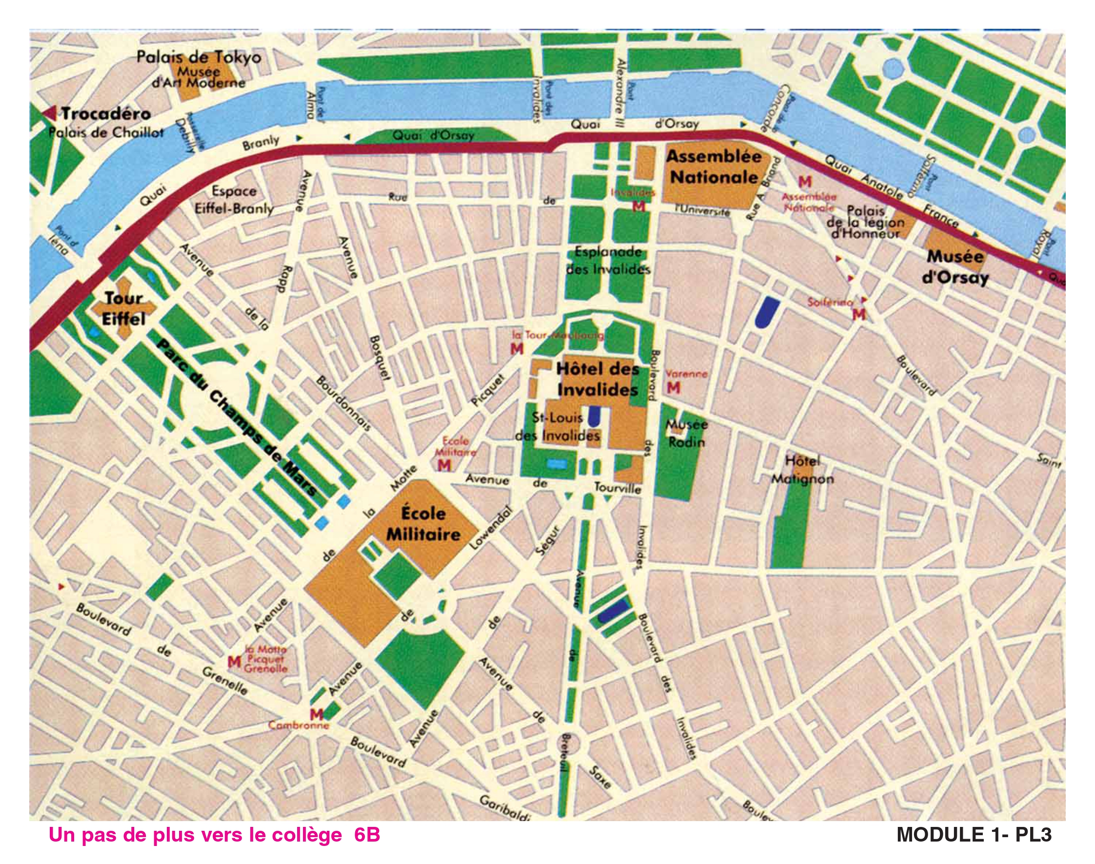 Plan du quartier parisien de la famille Vidal : la Tour Eiffel, le Champ de Mars, l'École Militaire, l'Hôtel des Invalides, l'Assemblée Nationale et le Musée d'Orsay